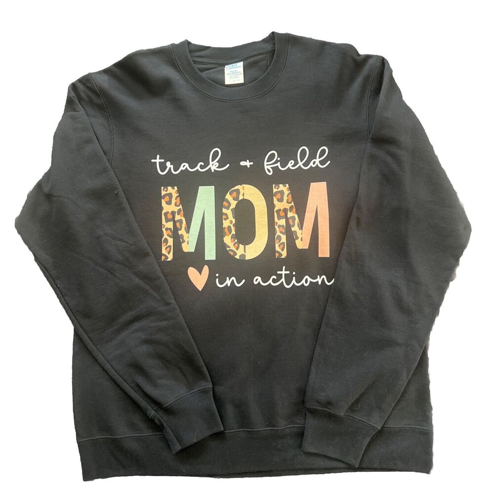 Track and Field Mom Leopard Black Crewneck Sweatshirt SZ L Athleisure Chic Gift